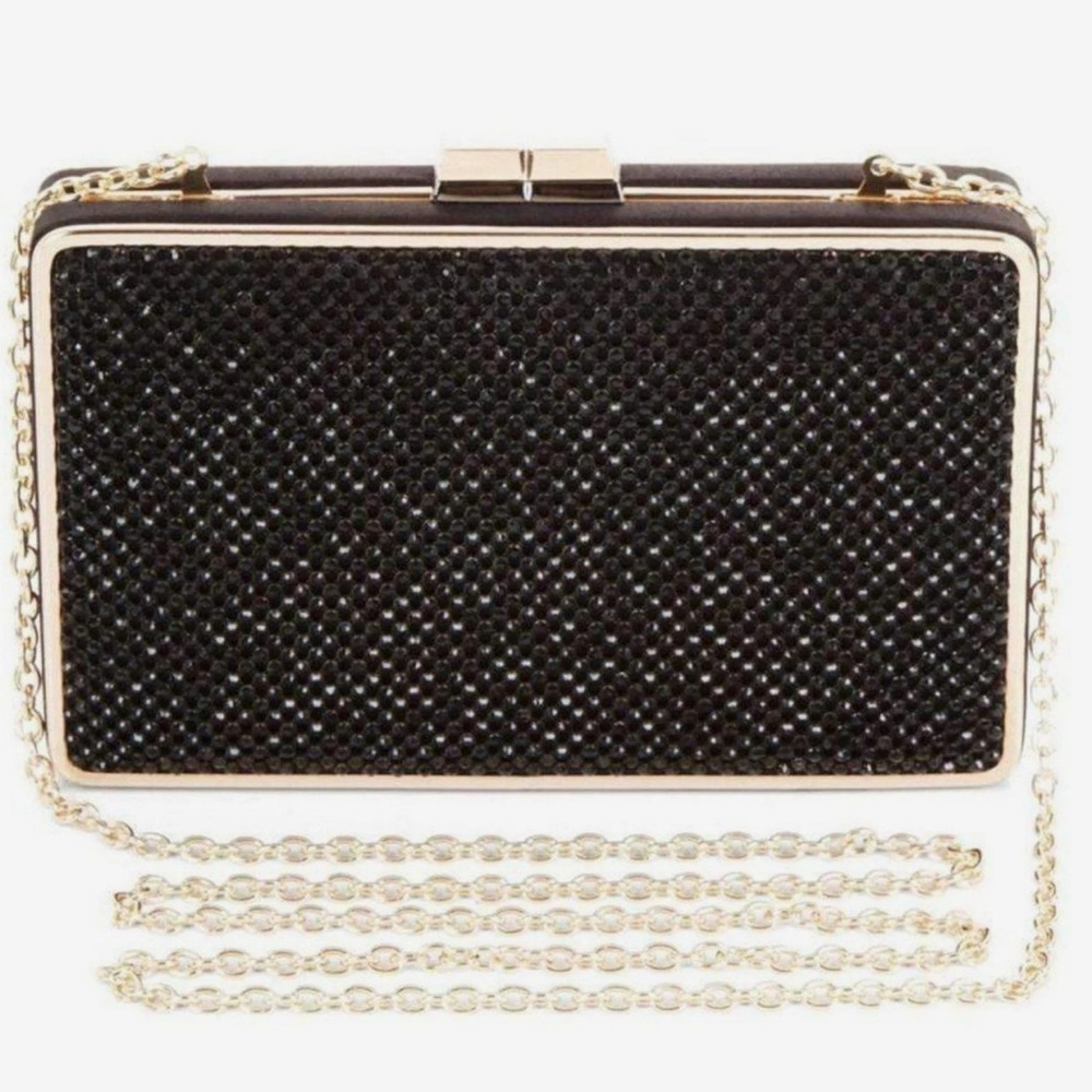 Sonia Black Crystal Mesh Satin Frame Clutch - EUC
